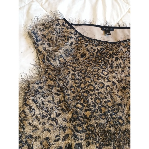 Ann Taylor Petite 4P Sleeveless Top Brown Leopard Print Fringed Blouse - Picture 5 of 11